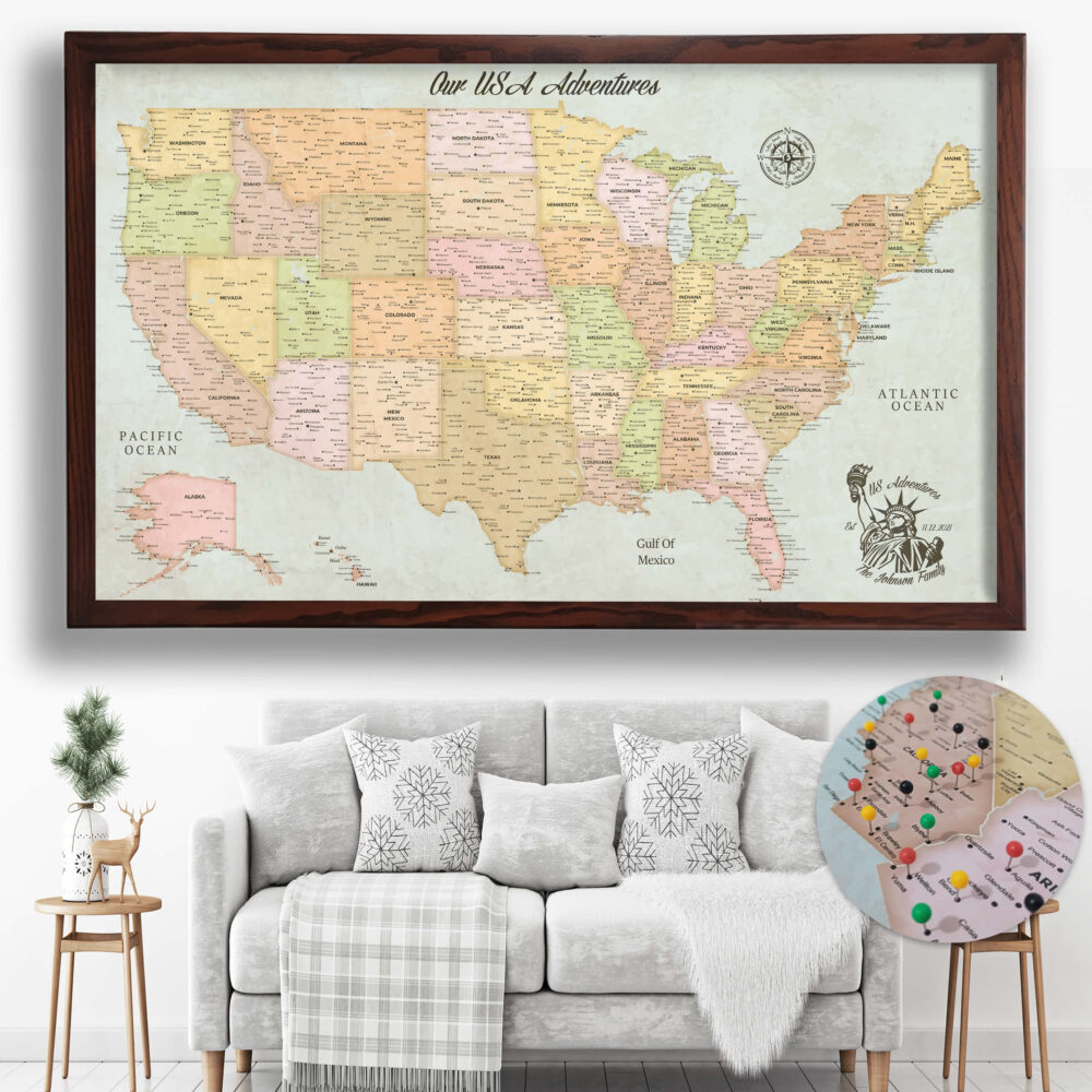 Classic push pin USA map framed