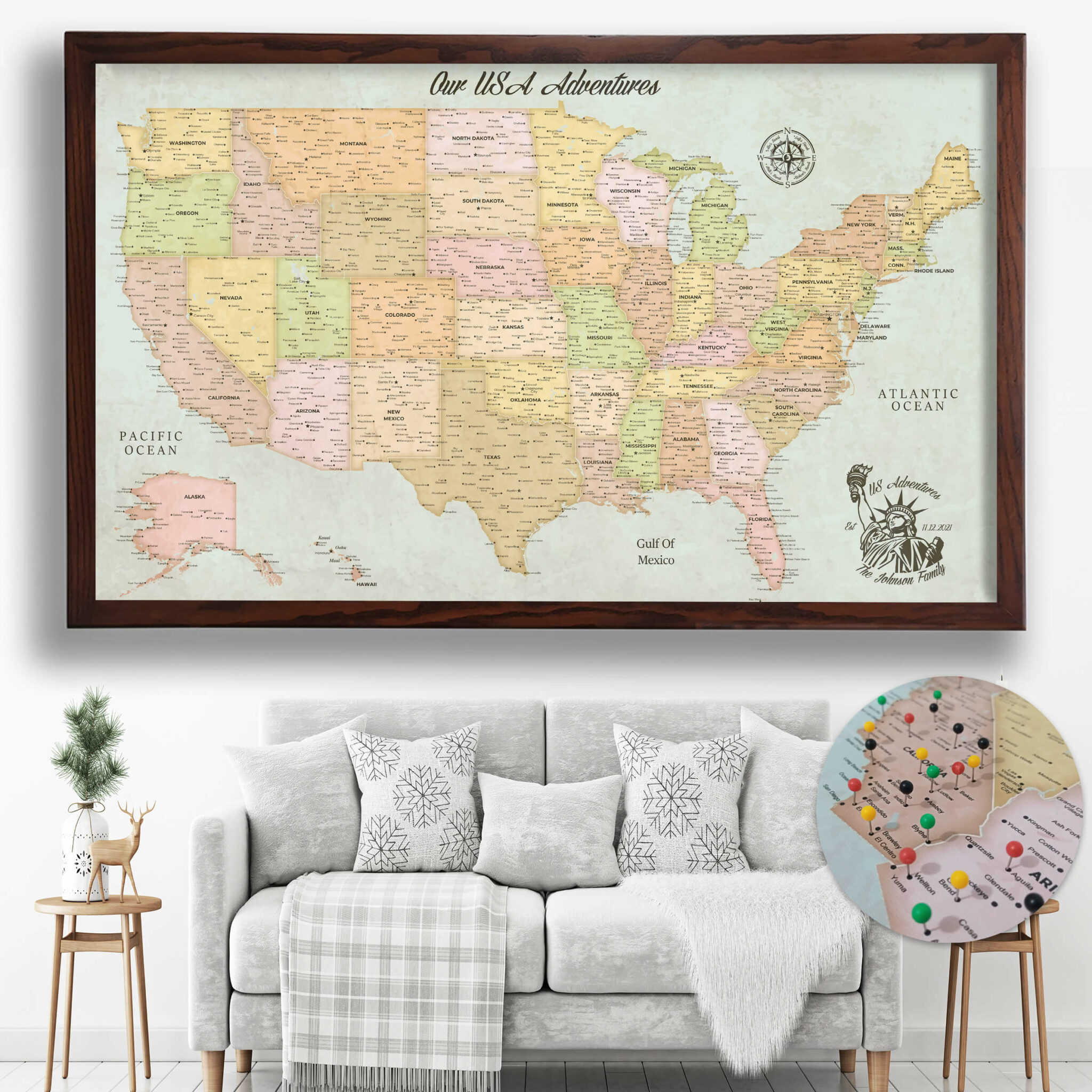 Classic Push Pin USA Map | Personalized US Travel Map Canvas