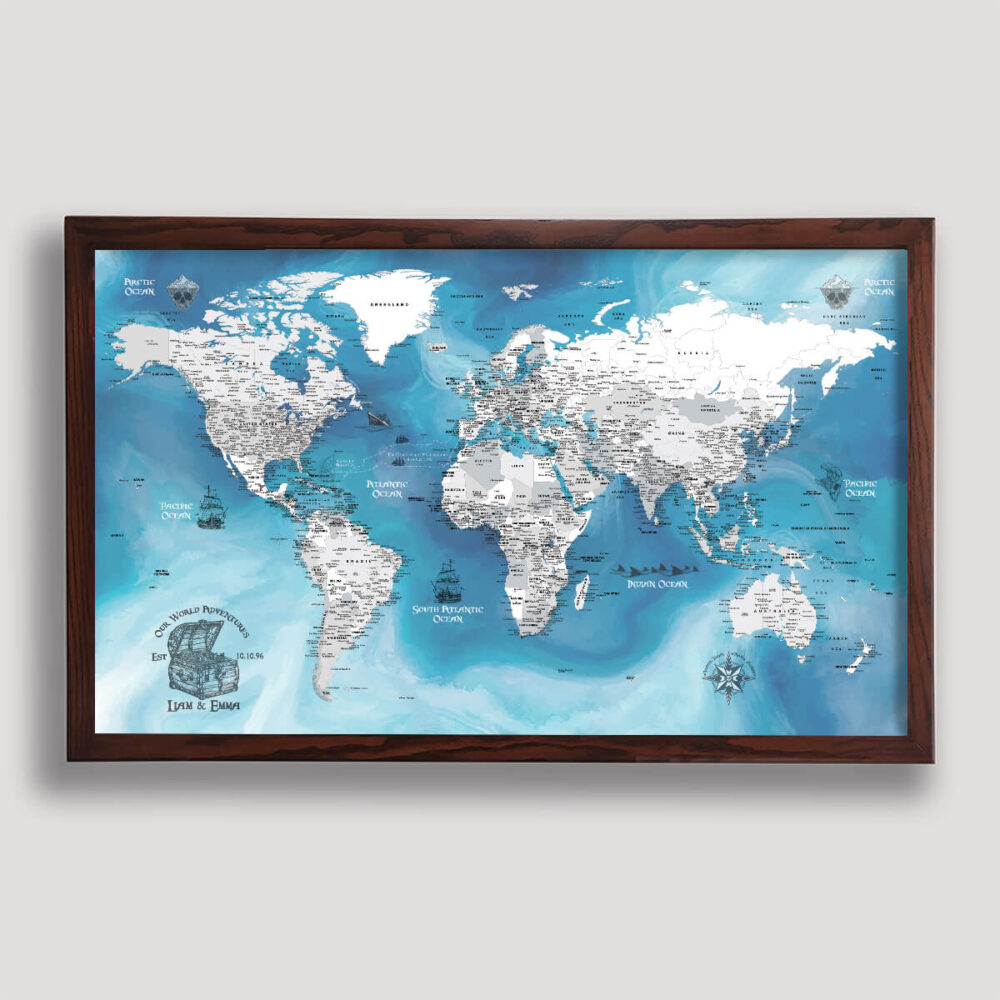 Pirate push pin world map - brown frame