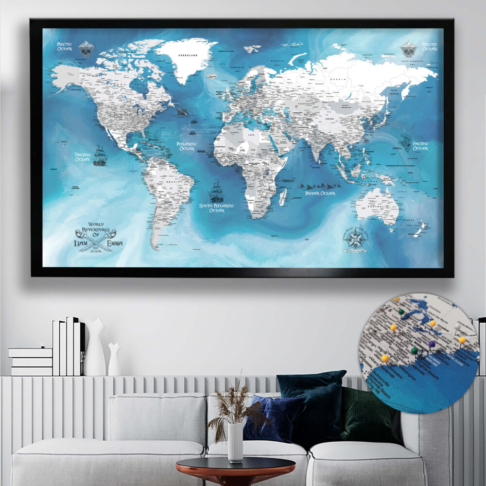 Pirate push pin world map framed