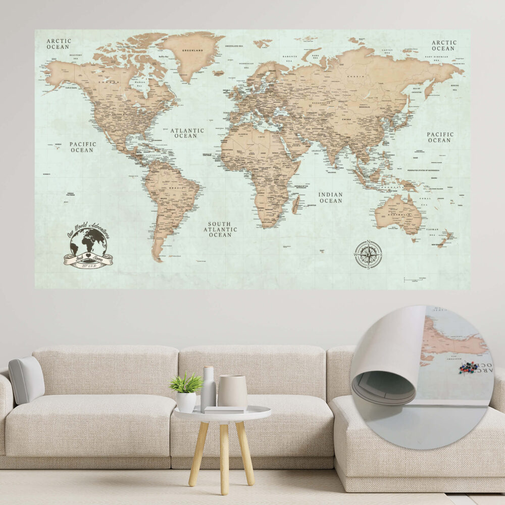 Vintage push pin world map rolled