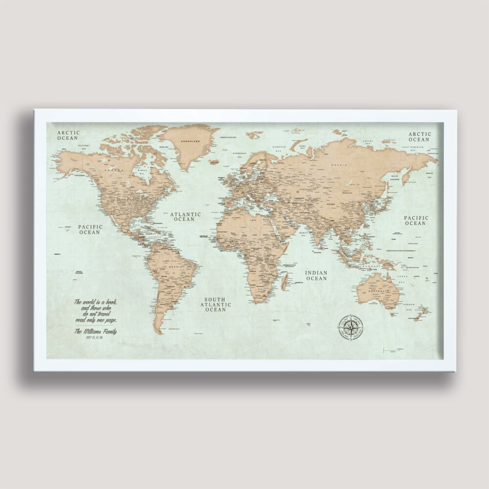 Vintage push pin world map - white frame