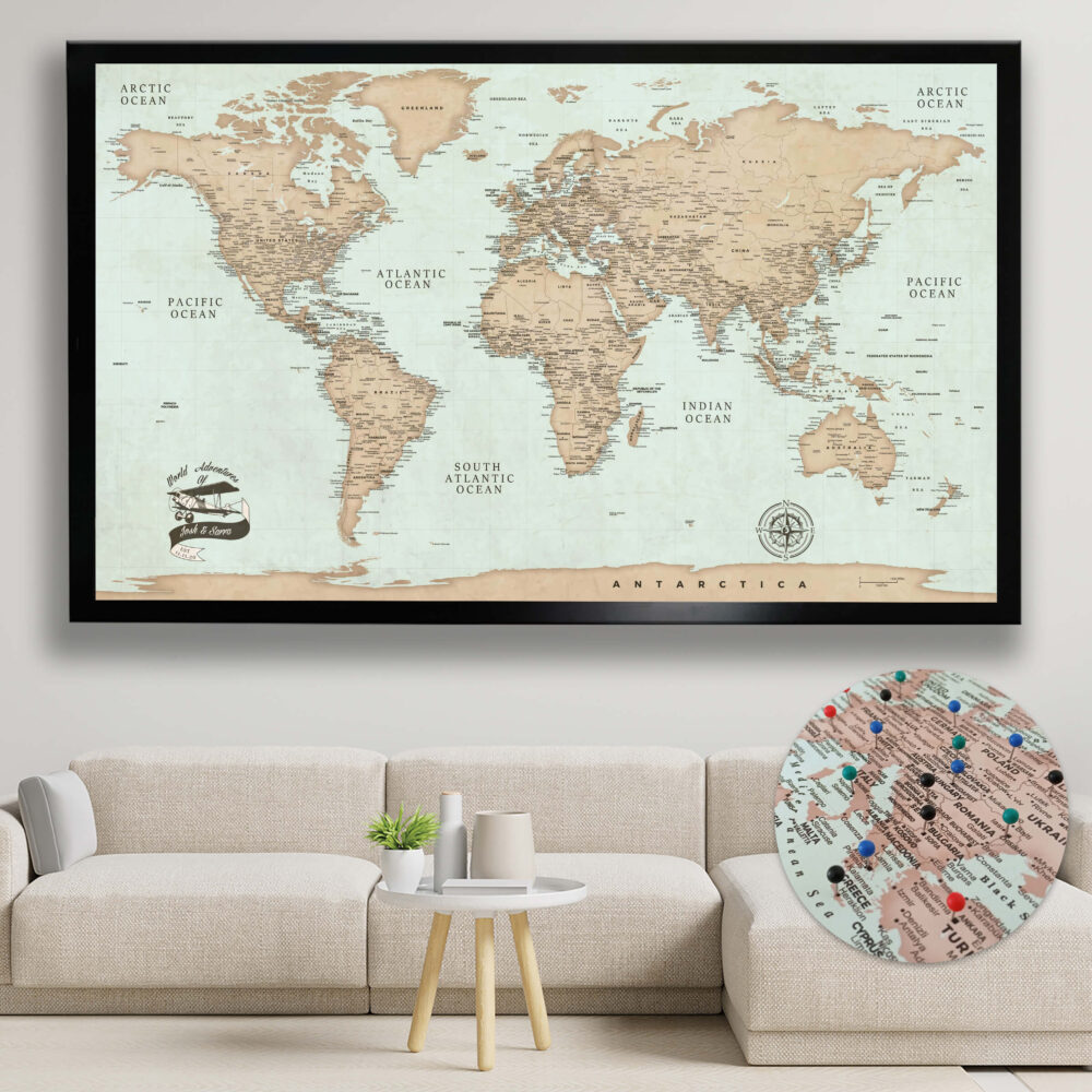 vintage push pin world map framed