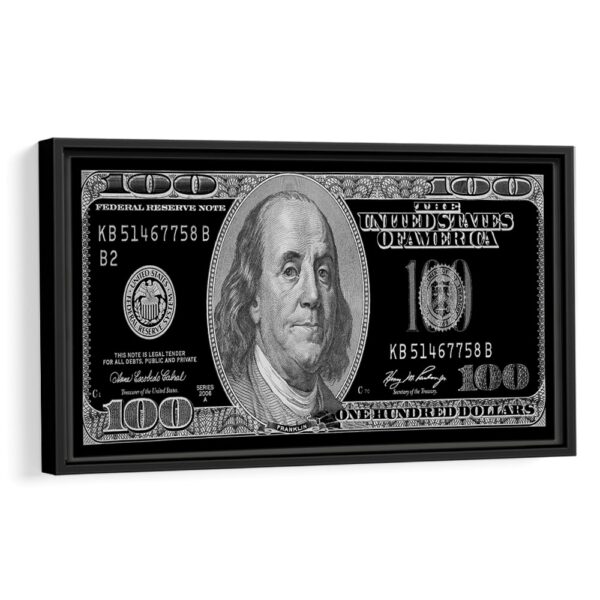 black and white 100 dollar framed canvas black framed