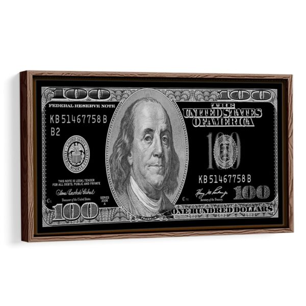 black and white 100 dollar framed canvas walnut brown frame