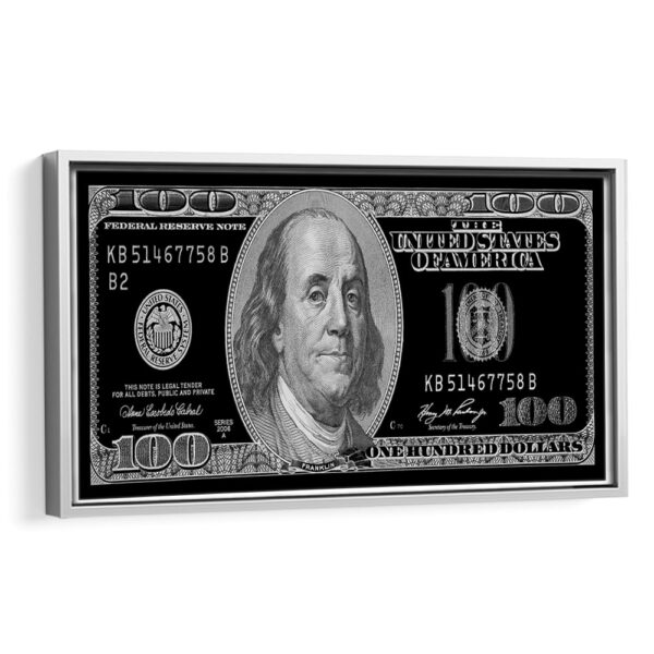 black and white 100 dollar framed canvas white frame