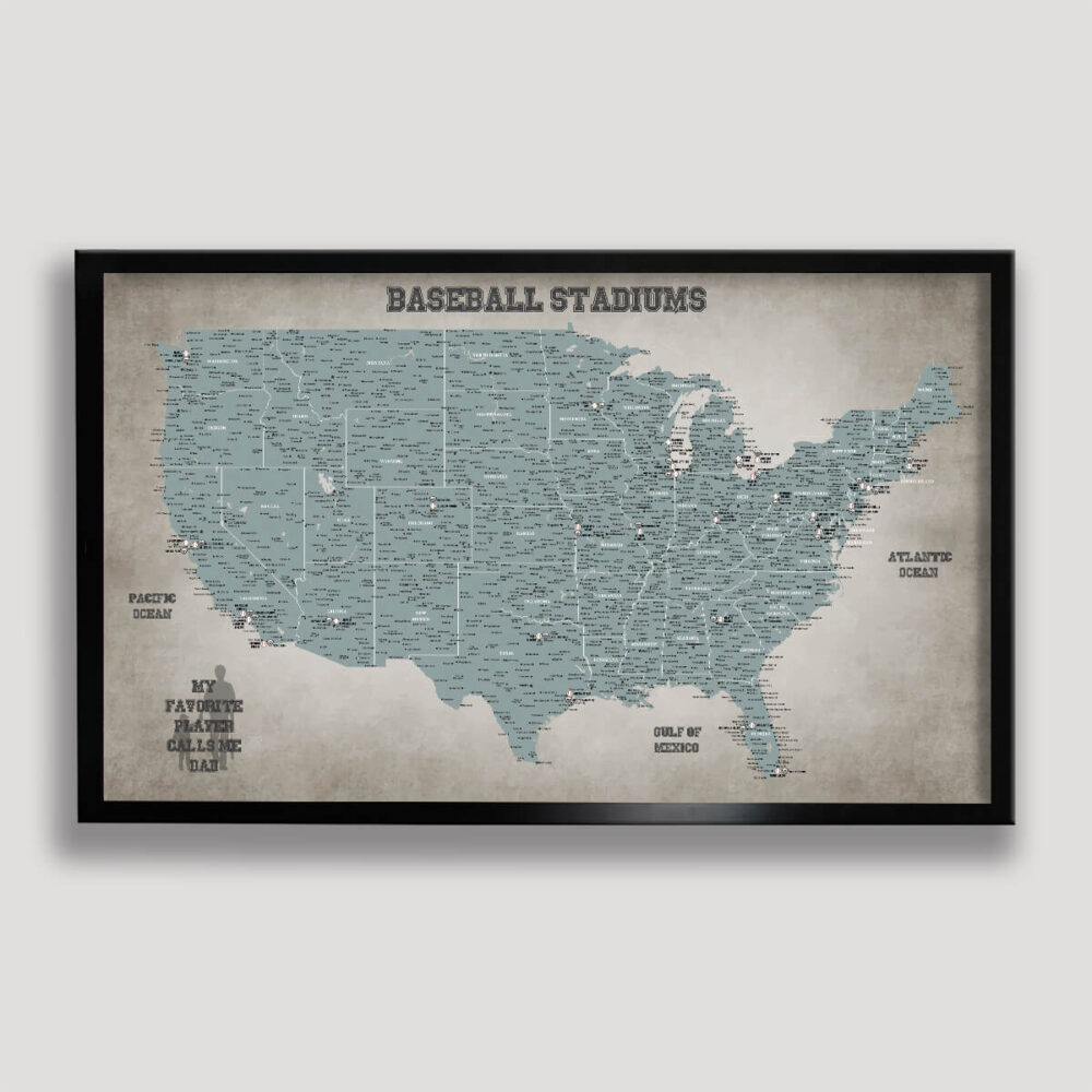 Baseball push pin usa map - black frame