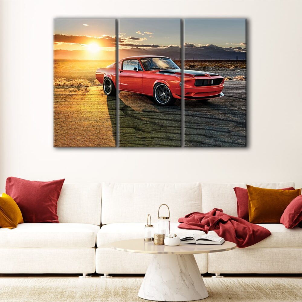 3 panels red muscle car canvas art