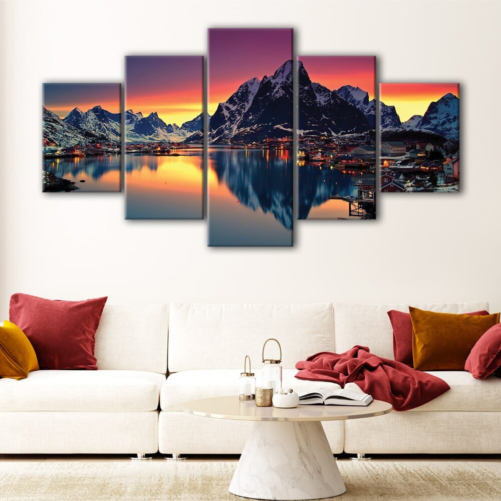 5 panels sunset in alps canvas art