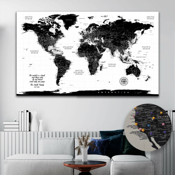 Black & White push pin world map