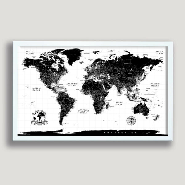 Black & White push pin world map - White frame