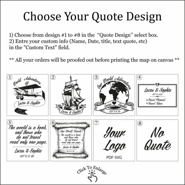 Black & White push pin world map quote personalization