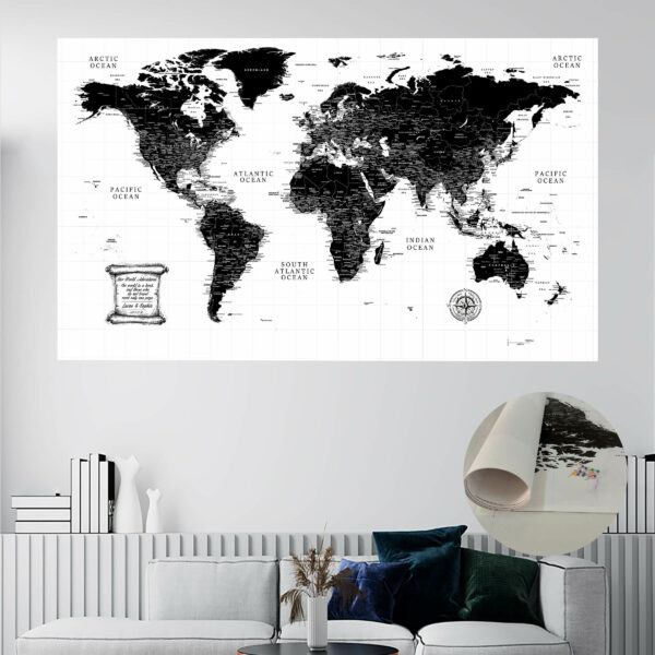 Black & White push pin world map rolled