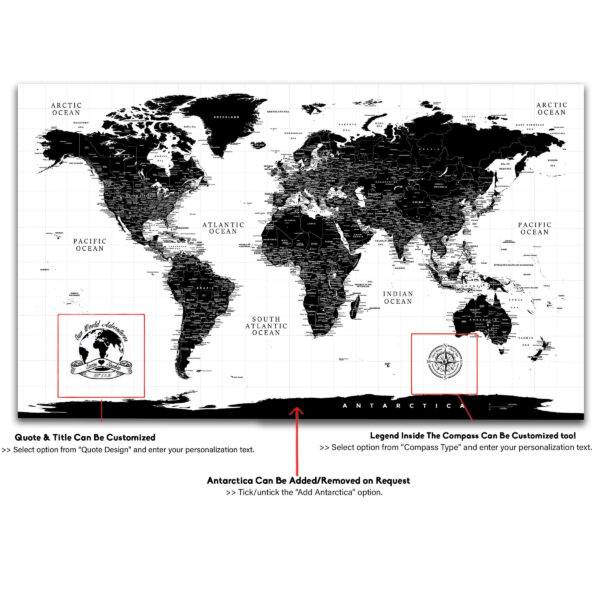 Black & White world map detailed