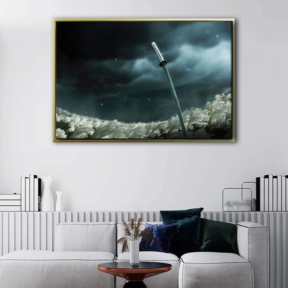 katana sword in wind floating frame canvas