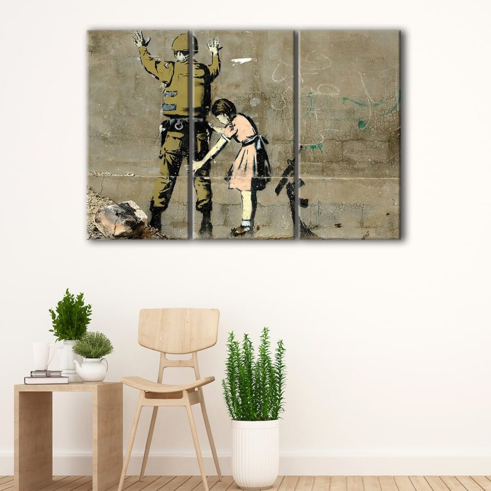 3 panels girl frisking solider canvas art