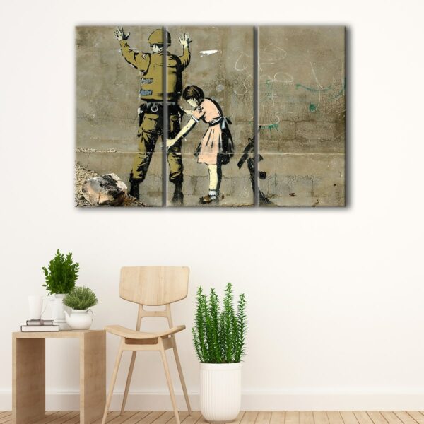 3 panels girl frisking solider canvas art