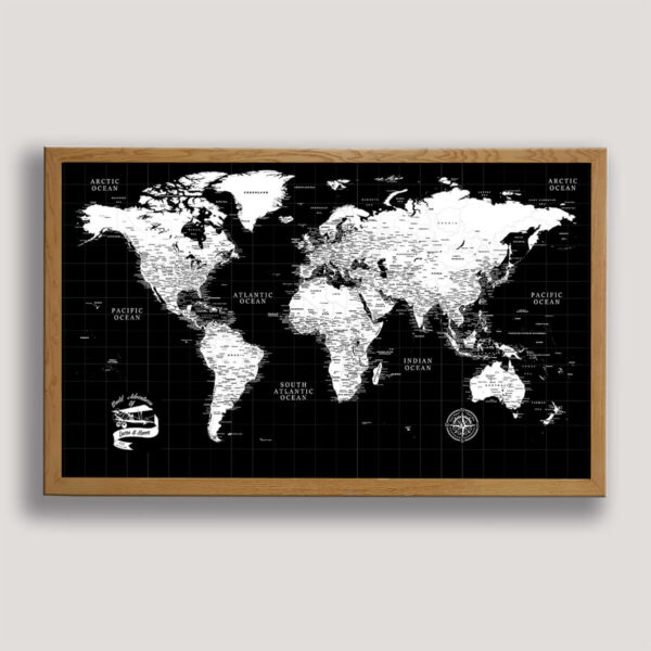 Dark push pin world map - beige frame