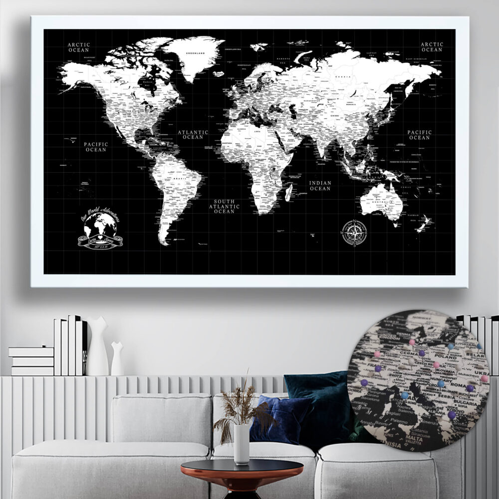 Dark push pin world map framed