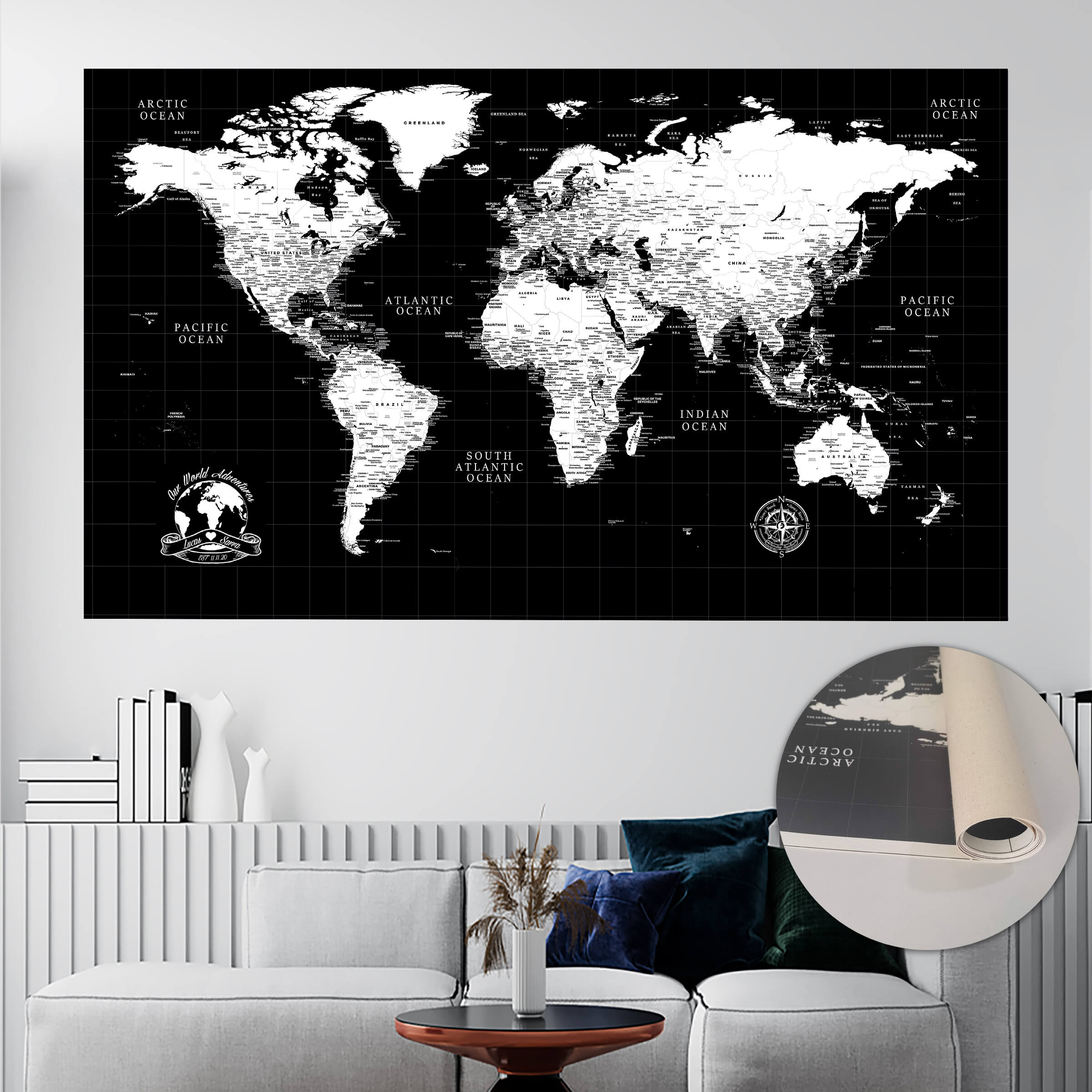 Black Push Pin World Map, Executive Travel Map