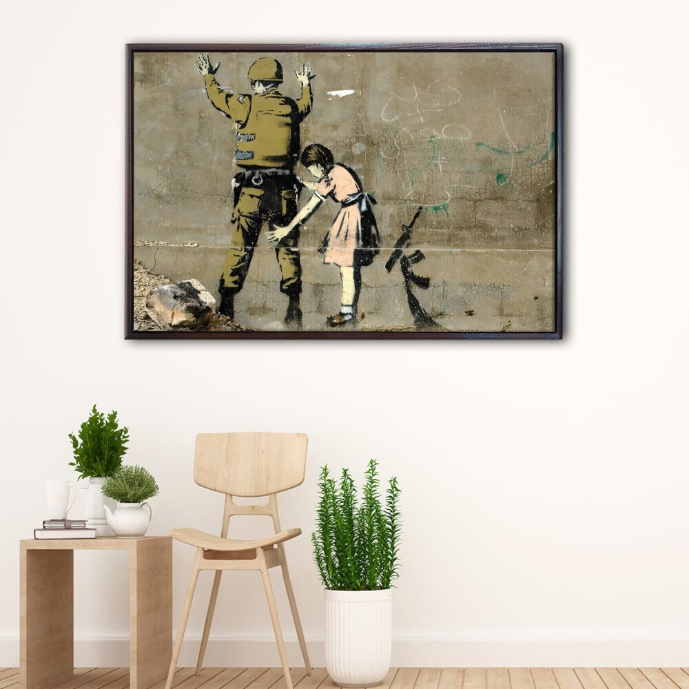 girl frisking solider floating frame canvas