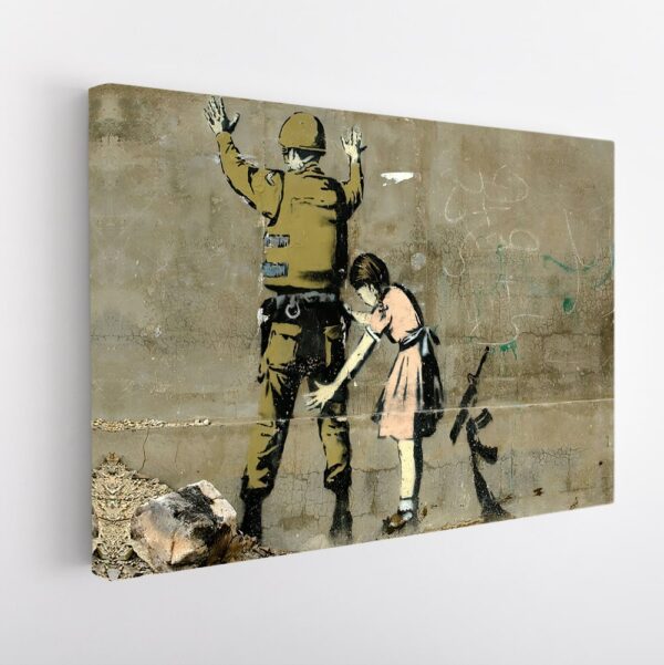 girl frisking solider stretched canvas