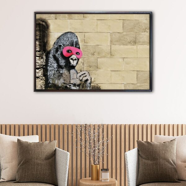 gorilla in a pink mask floating frame canvas