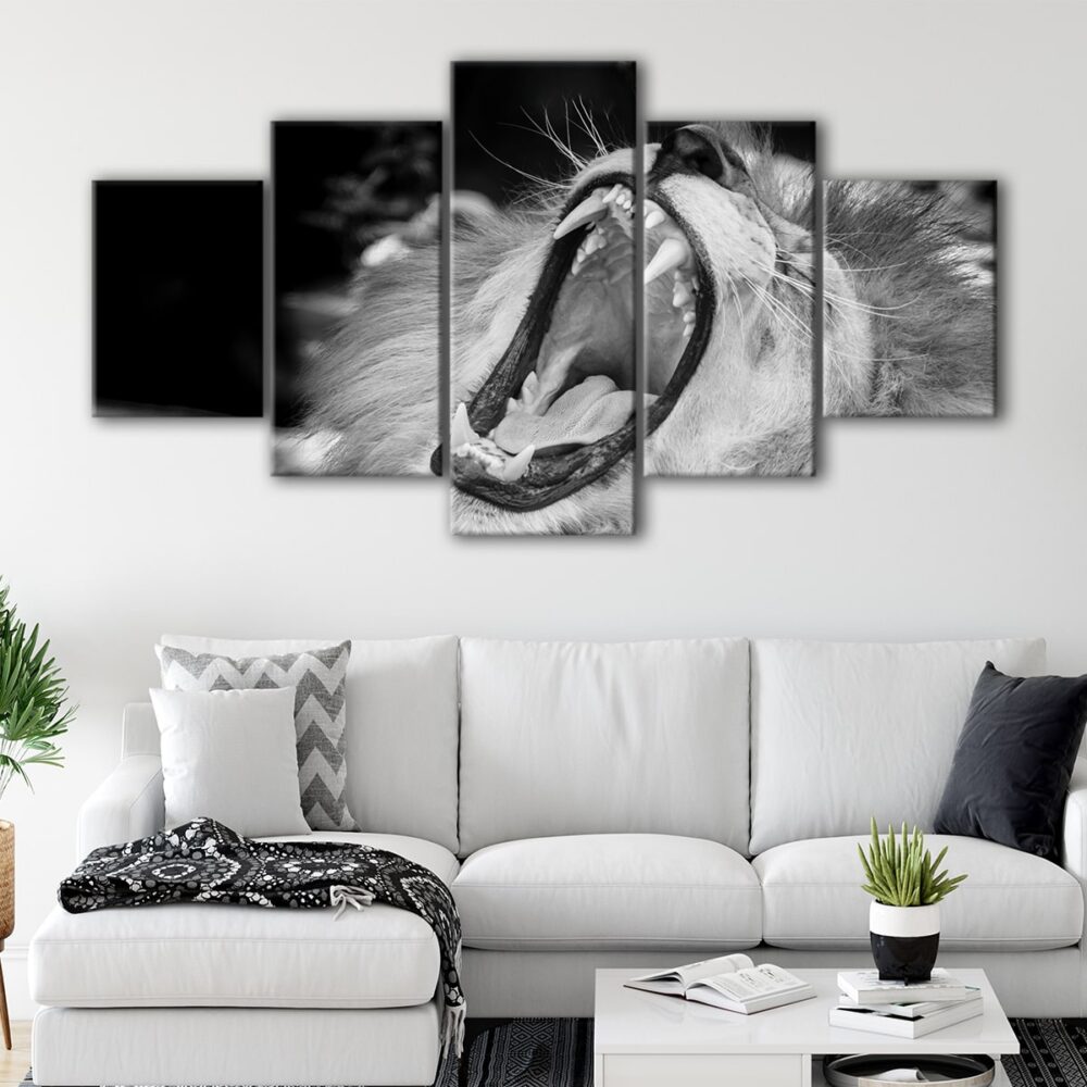 5 panels roaring lion portrait canvas art