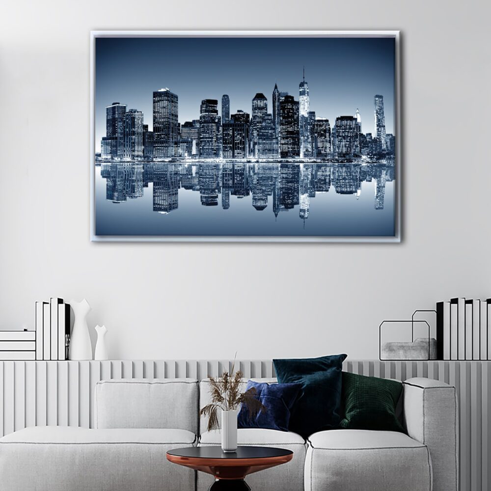 manhattan night skyline floating frame canvas