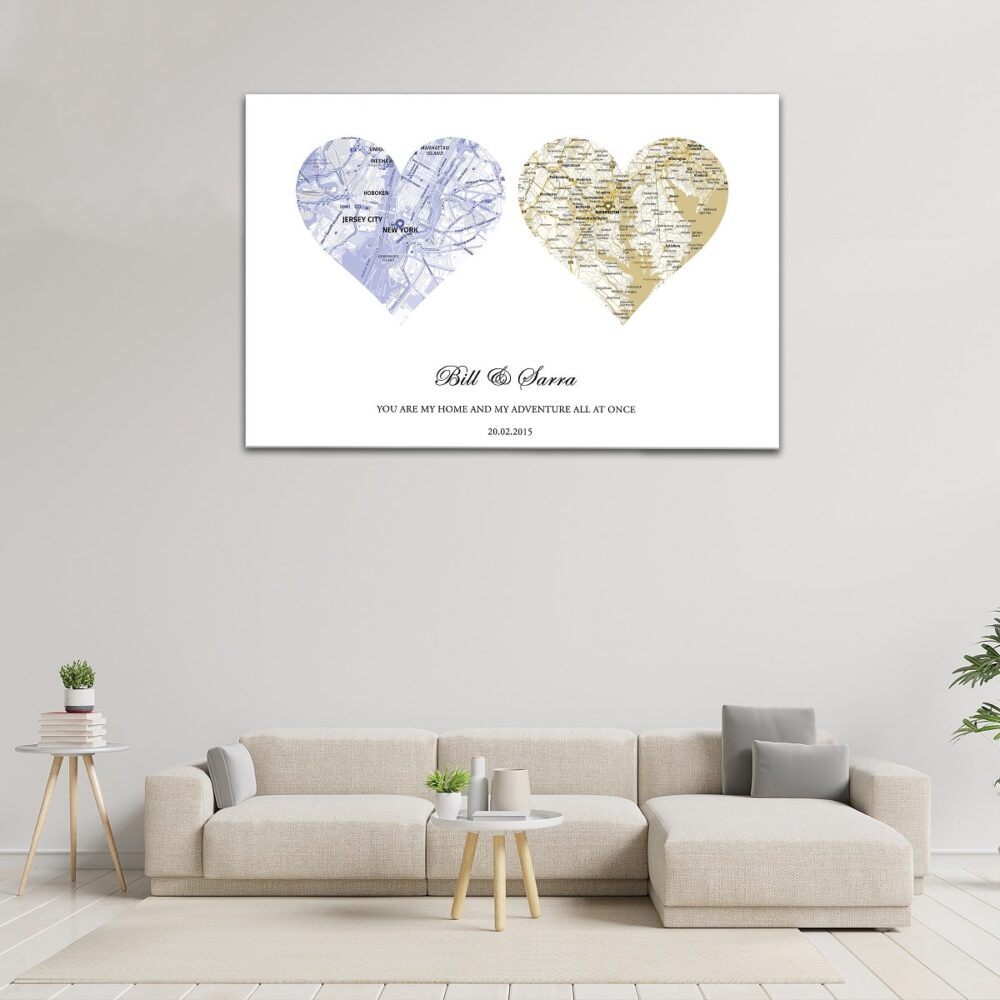 1 panels wedding heart map canvas art