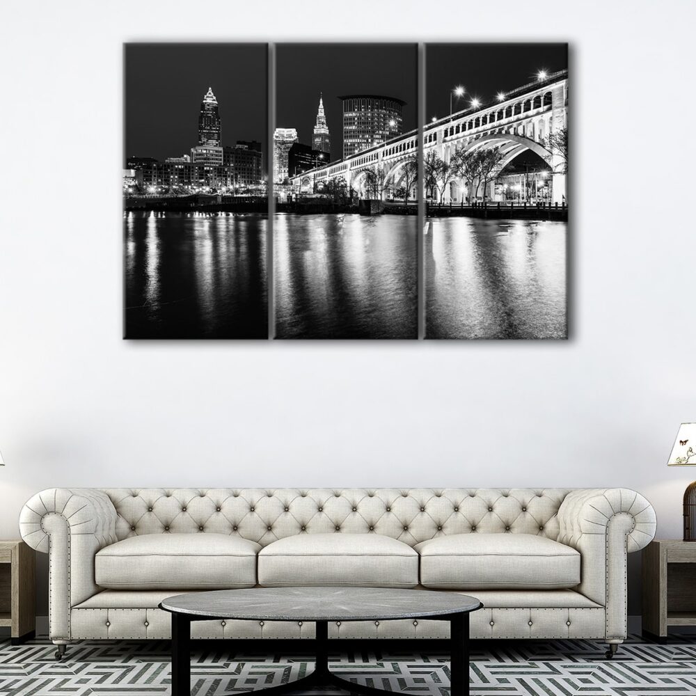 tableau tryptique silhouette de cleveland en noir et blanc