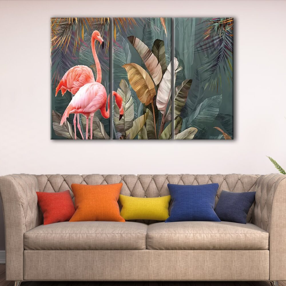 3 panels flamingo forest canvas art