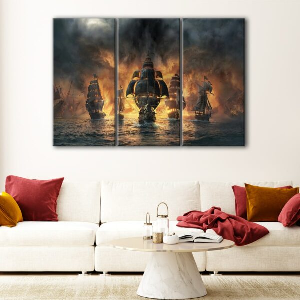 3 panels ships in fire canvas art