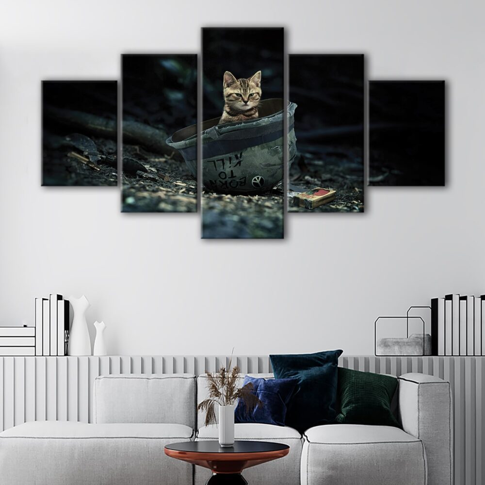 5 panels cat in war canvas art