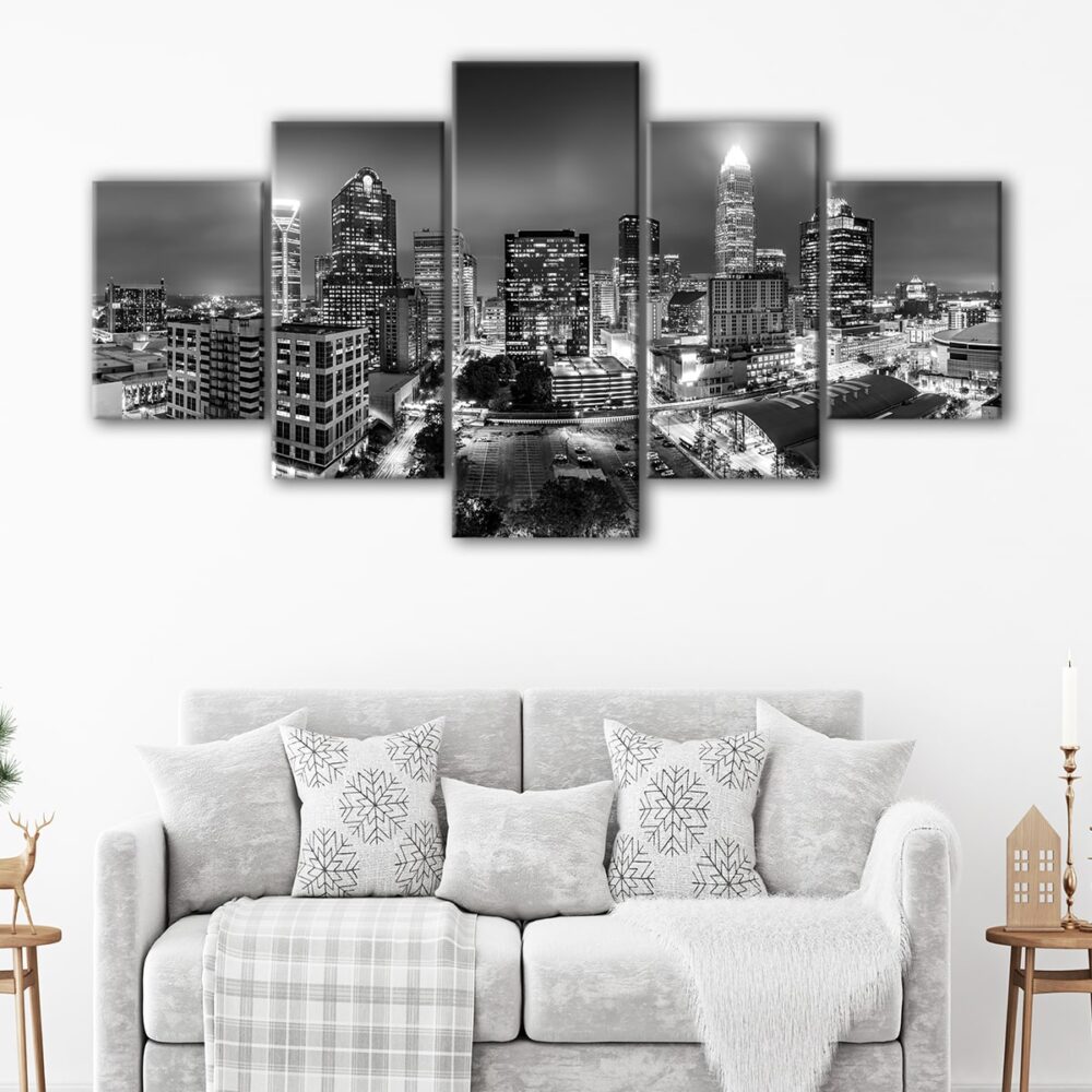 5 panels charlotte black & white skyline canvas art