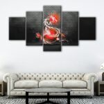 5 panels red dragon canvas art