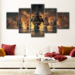 5 panels ships in fire canvas art