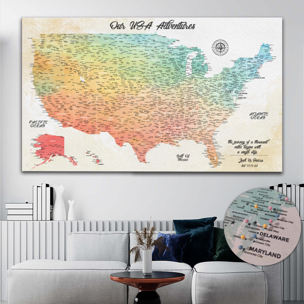 Watercolor push pin usa map