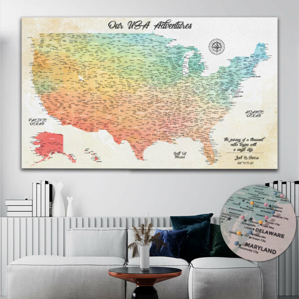 Watercolor push pin usa map