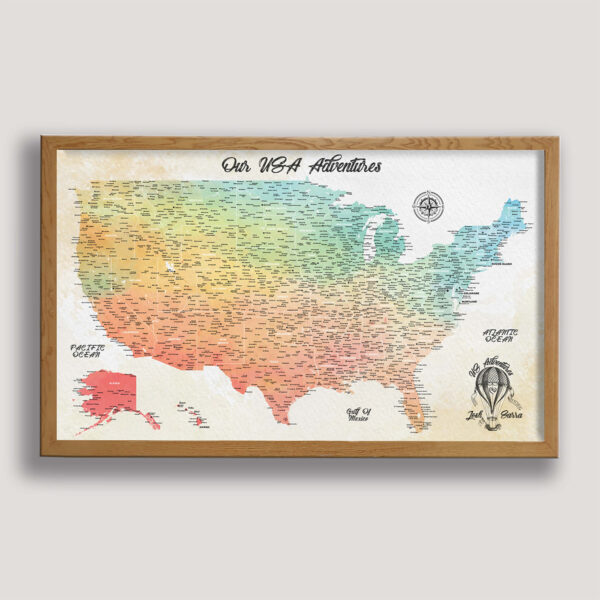 Watercolor push pin usa map - beige frame