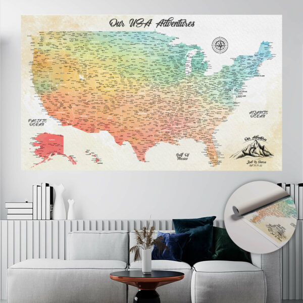 Watercolor push pin usa map rolled