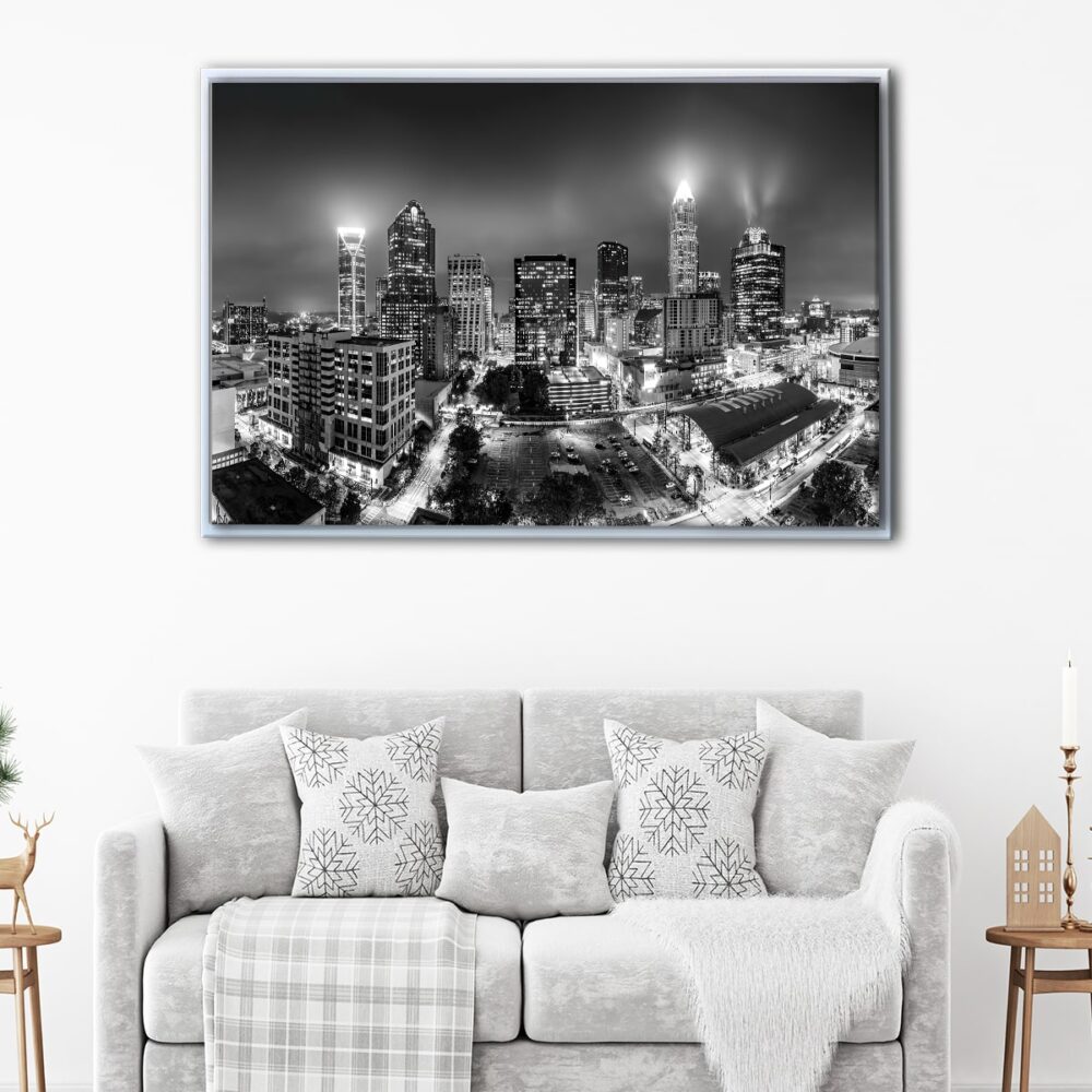 charlotte black & white skyline floating frame canvas