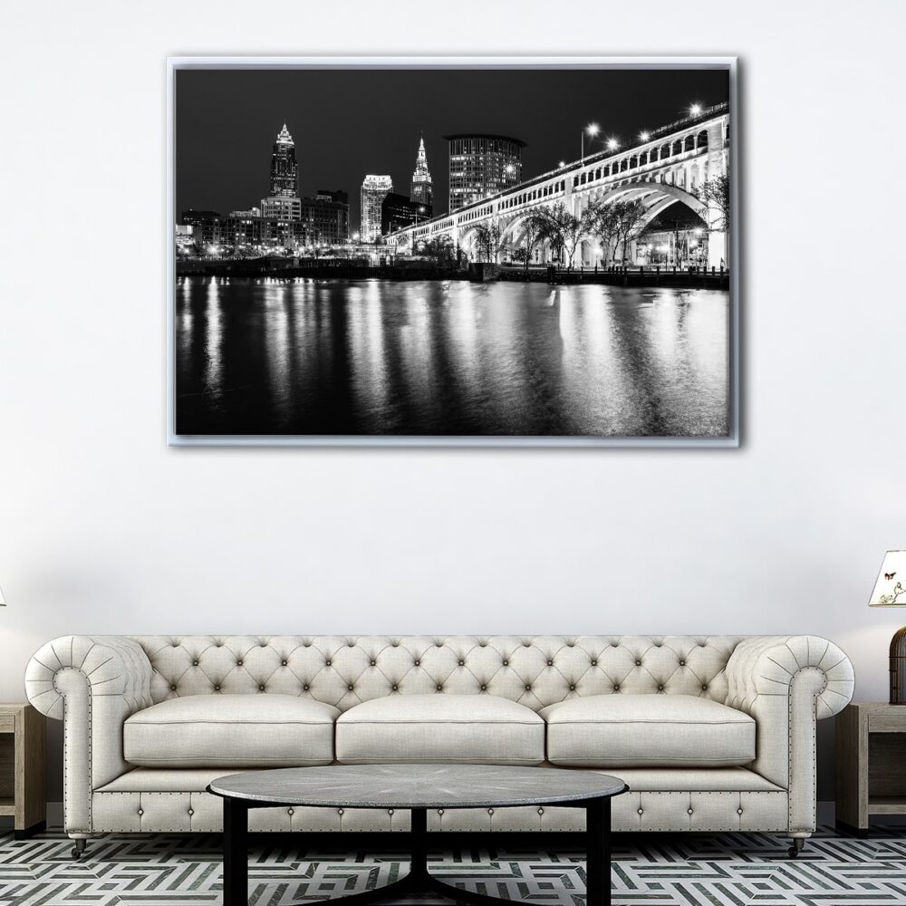 tableau silhouette de cleveland en noir et blanc avec cadre flottant