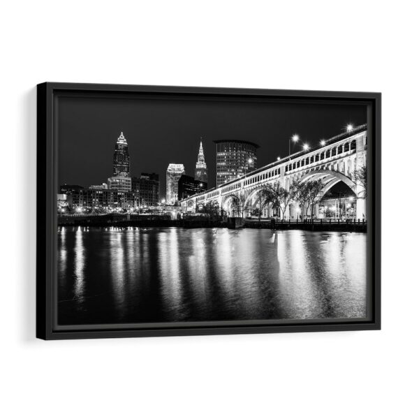 tableau silhouette de cleveland en noir et blanc avec cadre noir