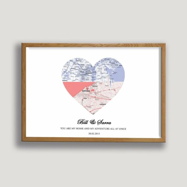 couple heart map framed canvas natural beige