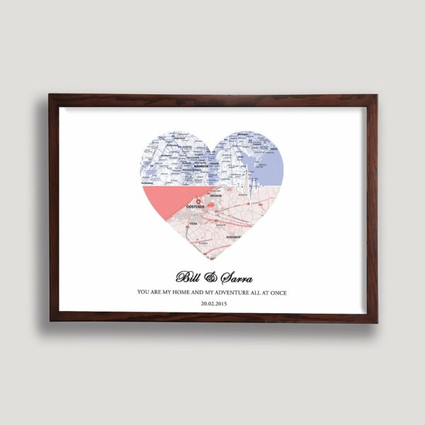 couple heart map framed canvas walnut brown