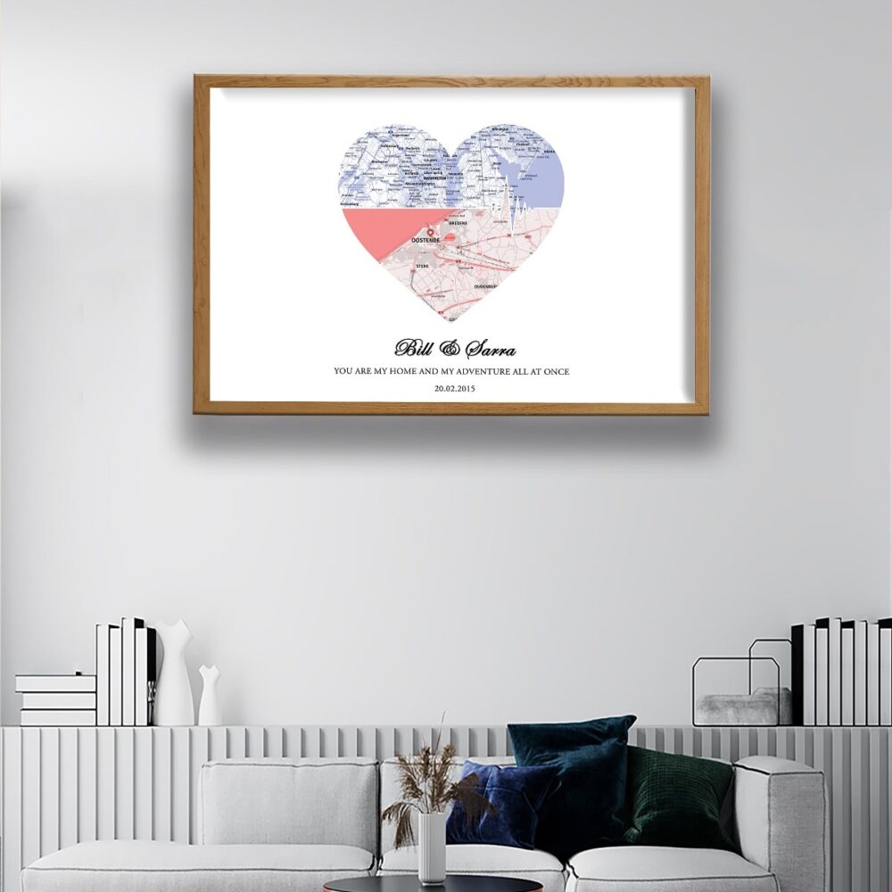 couple heart map natural beige floating frame canvas