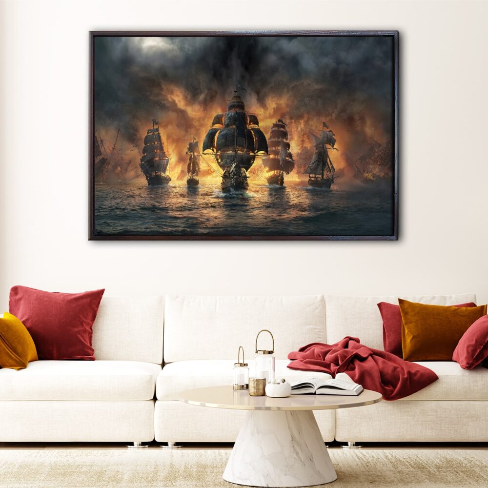 ships in fire floating frame canvas