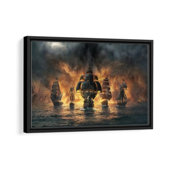 ships in fire framed canvas black frame