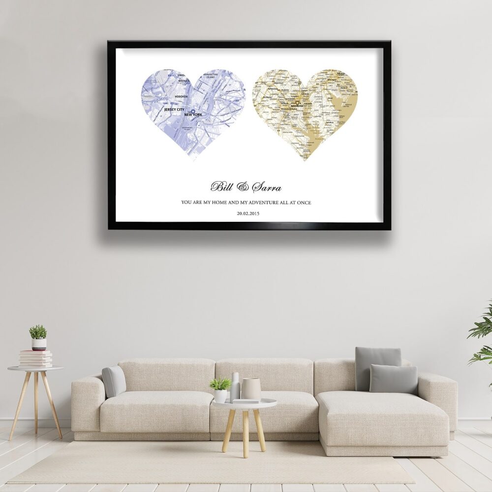 wedding heart map black floating frame canvas